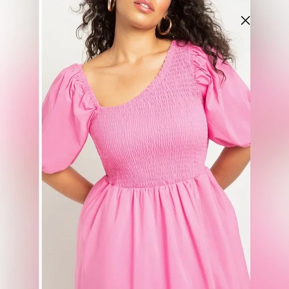 Eloquii Vibrant Barbie Pink Smocked Asymmetric Neck Maxi Dress - Picture 5 of 16